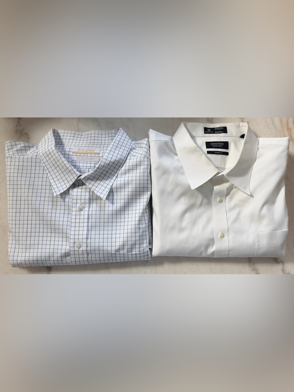 Nordstrom White Solid & Dillards White with Blue Windowpane Dress Shirts